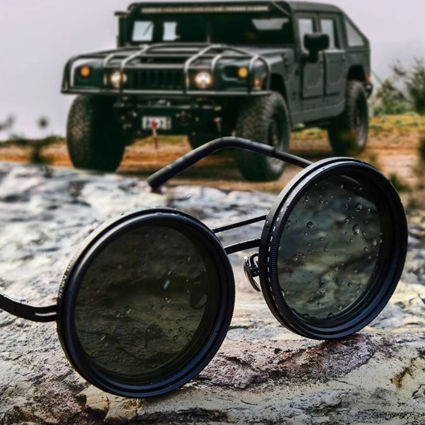 Fitlybuy round polarized sunglasses with metal frames and adjustable lenses on a rocky trail with an off-road truck.