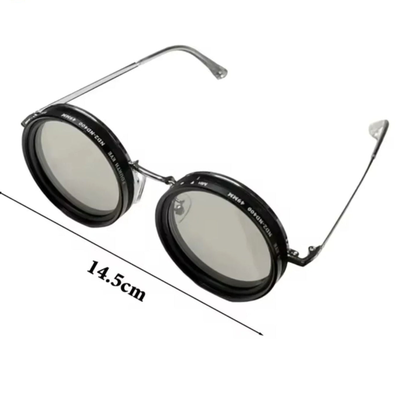 Fitlybuy round unisex sunglasses with adjustable light reduction lenses, thin silver metal frames, and 14.5cm width.