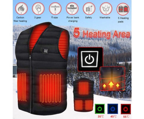 Fitlybuy black unisex electric heated vest featuring 5 heating zones, USB power, and 3 adjustable temperature settings.