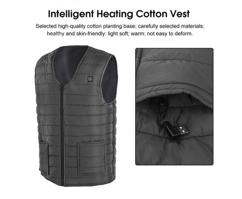 Fitlybuy charcoal grey quilted electric heated vest with front zipper, control button, and USB-powered cable pocket.