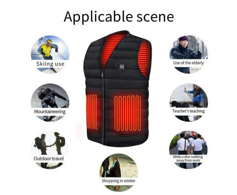 Black USB-powered heated vest showing thermal zones, surrounded by icons of winter activities like skiing and hiking.