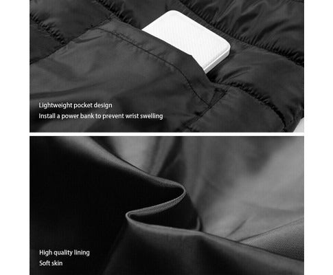 Fitlybuy black electric heated vest showing a power bank pocket and high-quality, soft-touch fabric lining.
