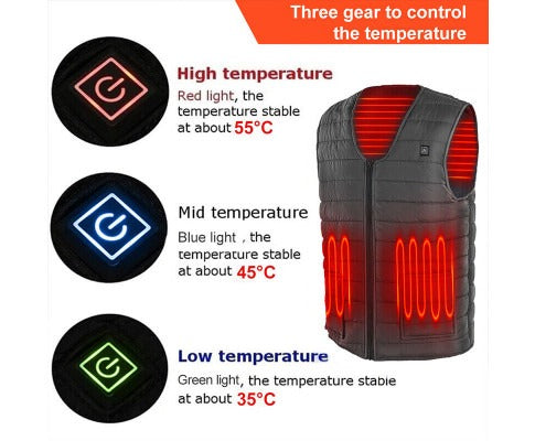 Black Fitlybuy heated vest with three-gear temperature control (red, blue, green) and USB thermal heating elements.