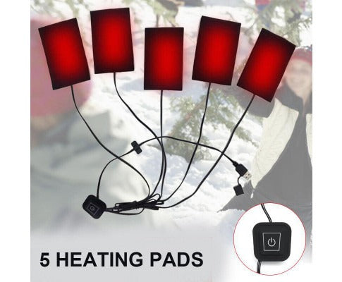 Fitlybuy electric heated vest kit with five red, USB-powered heating pads and a digital power control button.
