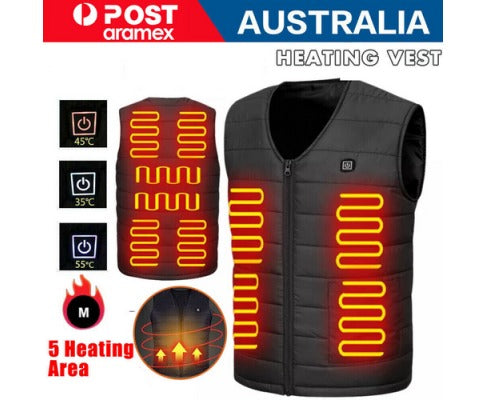 Black unisex USB-powered electric heated vest featuring 5 heating zones and three temperature control settings.