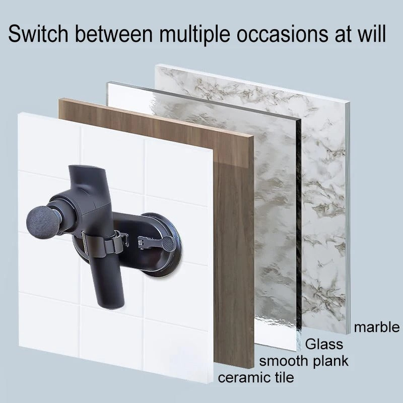 Black Fitlybuy massage gun wall suction bracket attached to tile, wood, glass, and marble surfaces for versatility.