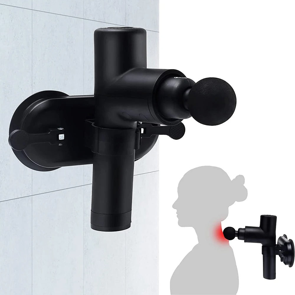 Black Fitlybuy massage gun wall suction bracket with SecureGrip, holding a black massager against a tiled wall.