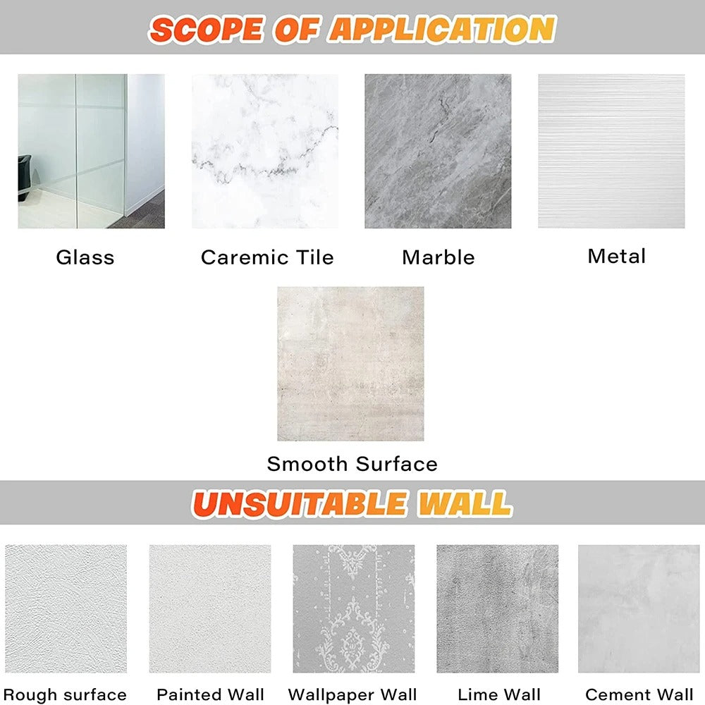 Fitlybuy massage gun bracket wall compatibility chart showing suitable smooth surfaces and unsuitable rough wall types.