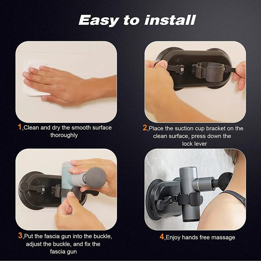 Fitlybuy massage gun wall suction bracket: a 4-step installation guide showing how to mount and use it hands-free.