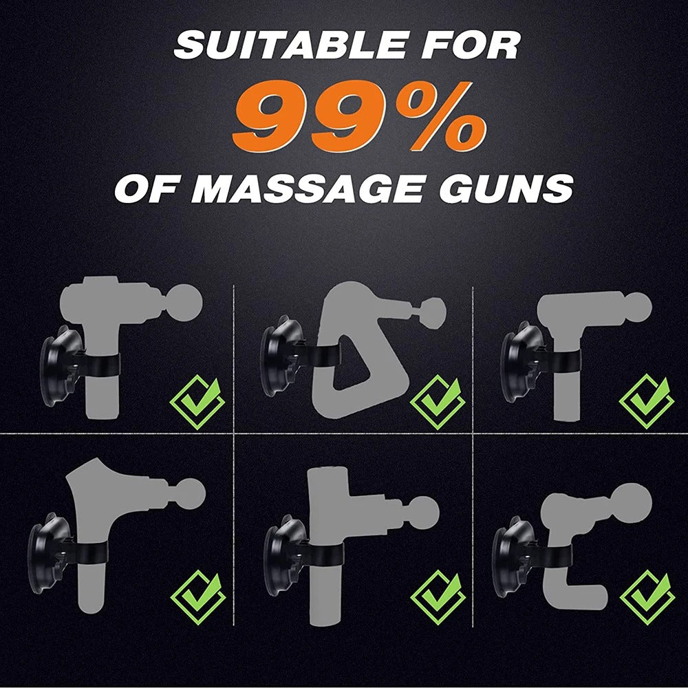 Fitlybuy universal black wall suction cup bracket holding various massage gun models, shown with green checkmarks.