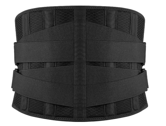 Black Fitlybuy lumbar back brace with breathable mesh, 6 support stays, and adjustable anti-skid compression straps.