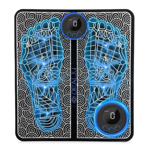 Fitlybuy EMS foot massage mat, black with white swirls, blue glowing foot outlines, and two digital control displays.