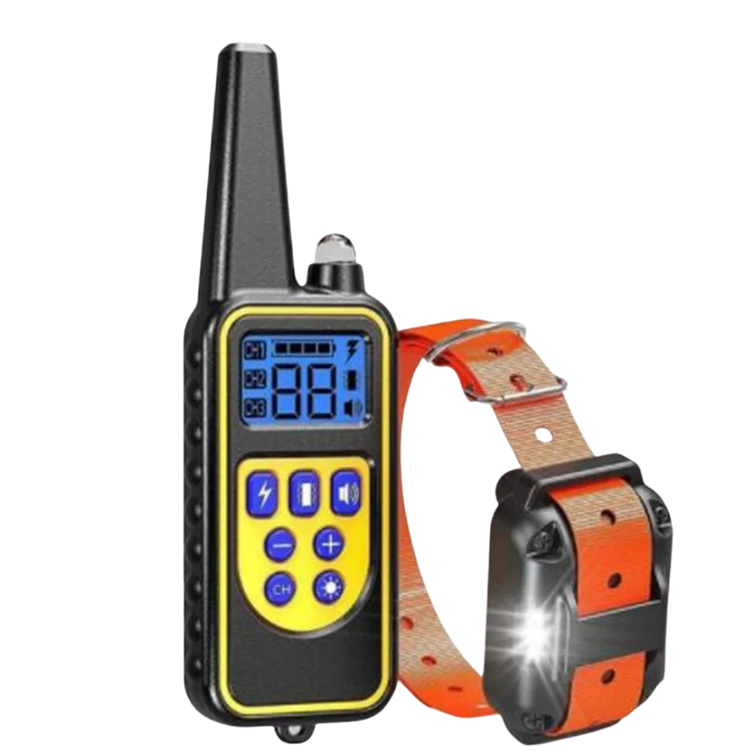 Fitlybuy dog training collar and remote with black, yellow, and orange design, digital display, and illuminated receiver.