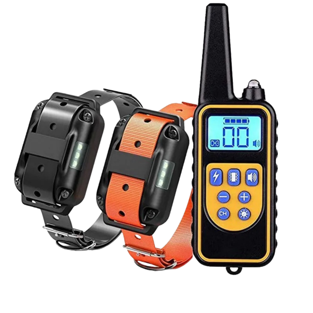 Fitlybuy waterproof dog training kit with two collars (black and orange) and a digital remote controller.