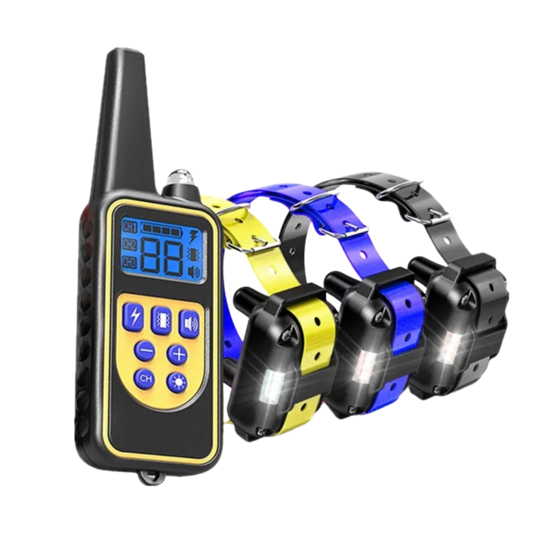 Fitlybuy remote dog training set with a black remote and three yellow, blue, and black LED-lit waterproof collars.