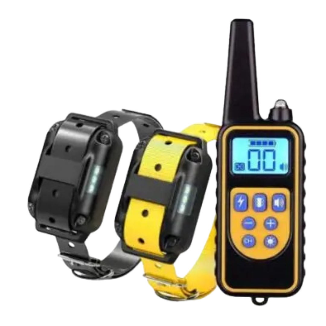 Fitlybuy remote dog training kit with two black/yellow collars and a digital, rechargeable remote transmitter.