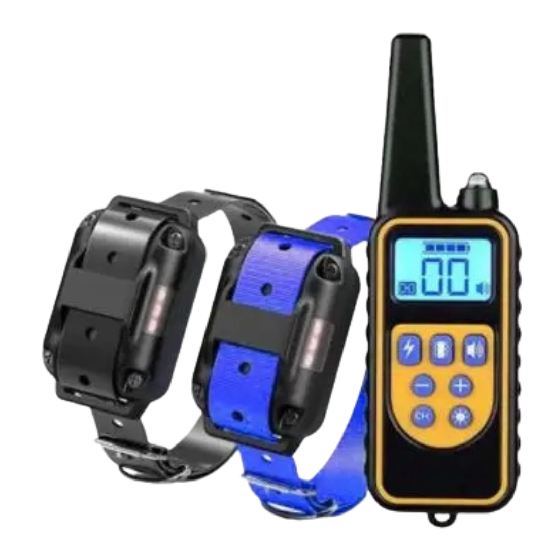 Fitlybuy waterproof anti-bark dog collar set with two collars (black/blue) and a digital remote control.