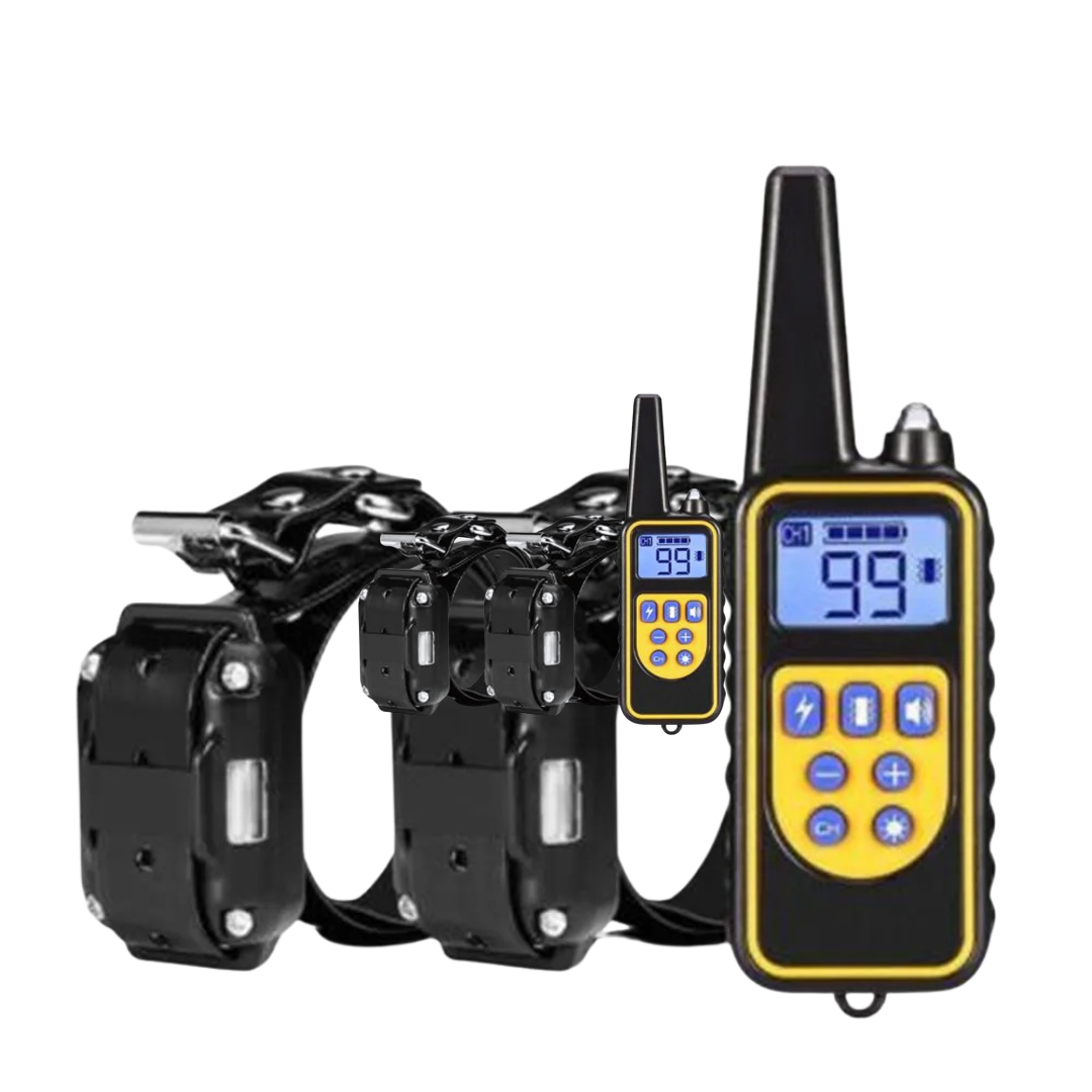 Fitlybuy waterproof dog training collars with remote, featuring black straps and a yellow/black digital remote control.