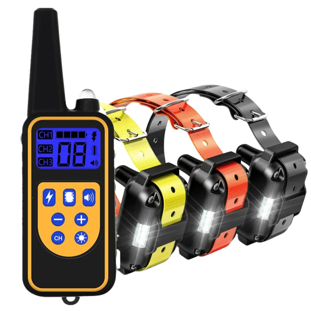 Fitlybuy remote control with blue LCD screen and three adjustable dog collars in yellow, orange, and black.