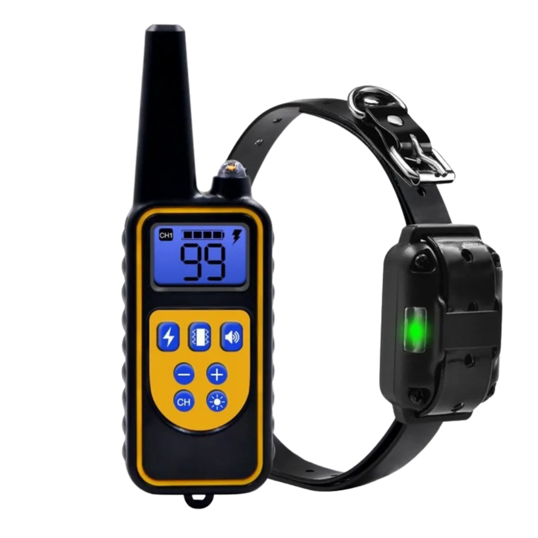 Fitlybuy black and yellow dog training collar with remote, digital display, and green indicator light on white background.