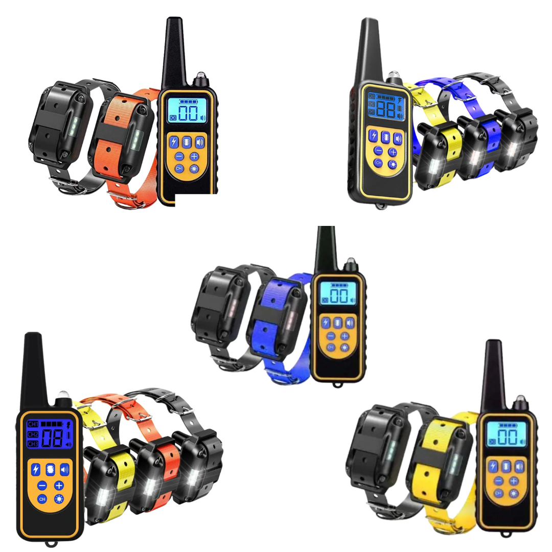 Fitlybuy waterproof dog training collars in various colors with remote control, LCD screen, and adjustable settings.