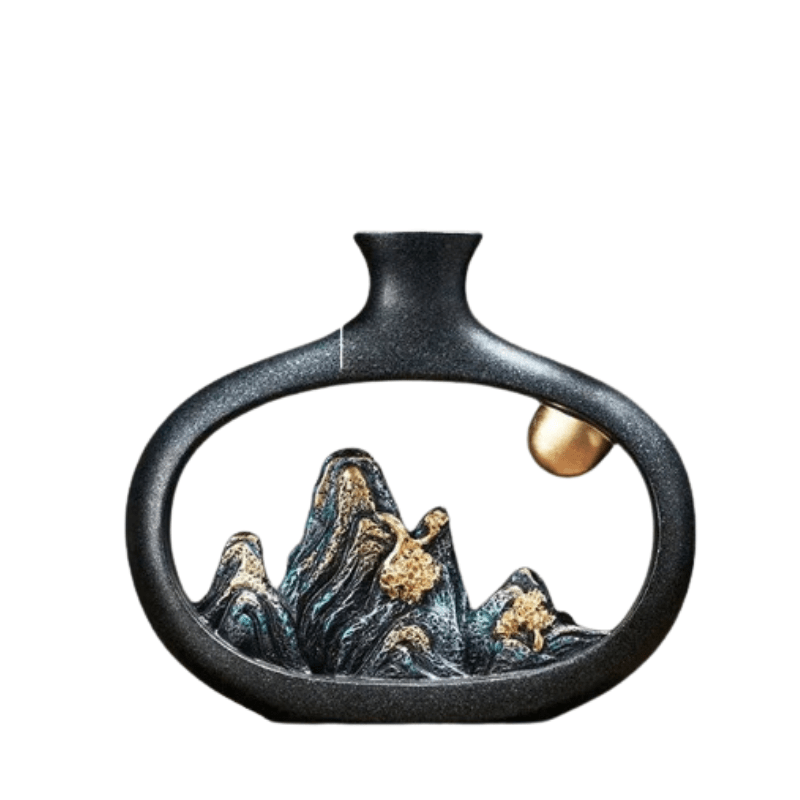 Fitlybuy ceramic vase featuring a black oval frame, mountain landscape relief, and a gold accent moon on white background.
