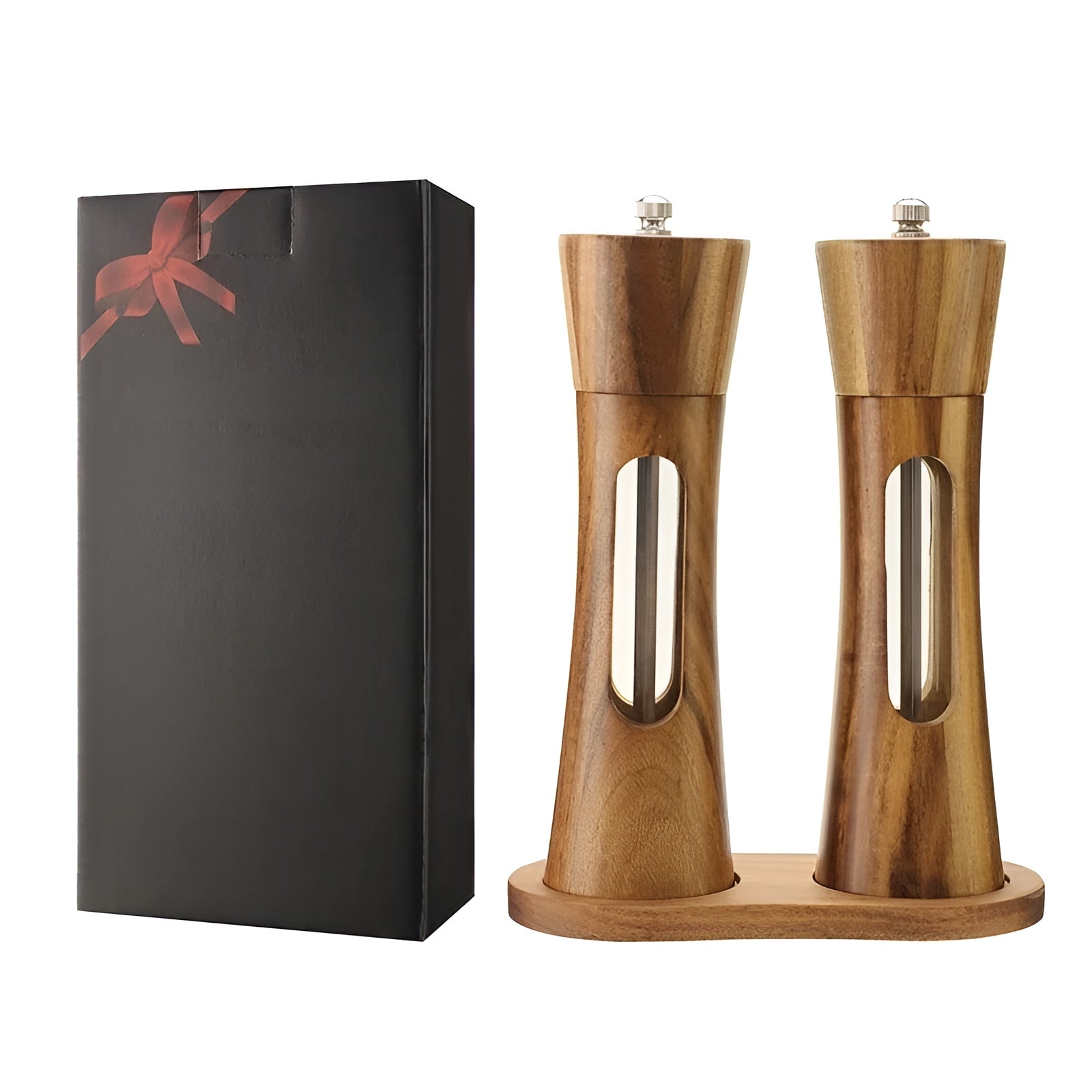 Fitlybuy SpiceCraft wooden salt and pepper mill set on a stand with gift box, featuring adjustable grind levels.