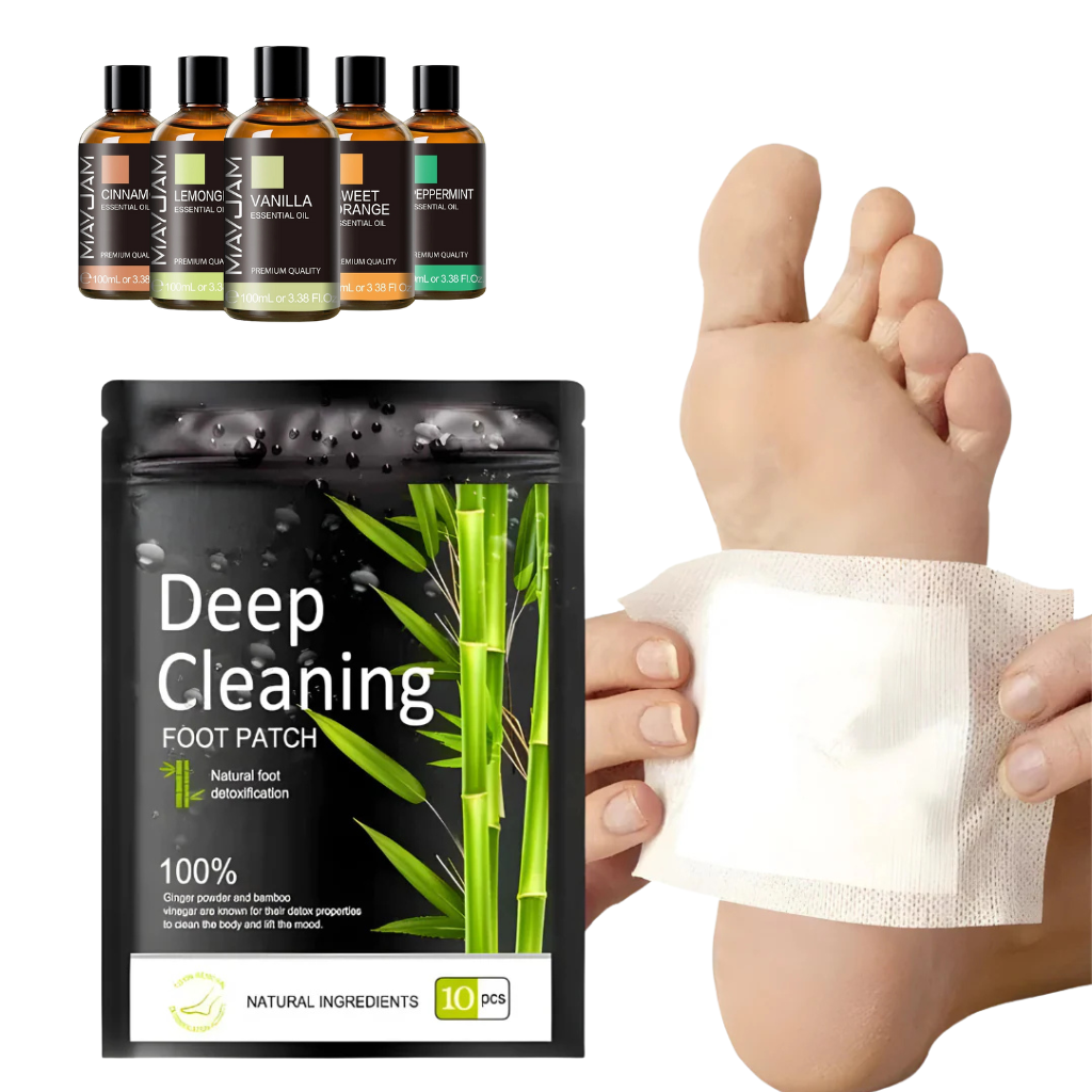 Fitlybuy Bamboo Foot Detox Patches package with herbal oils, shown applied to a foot for natural detox therapy.