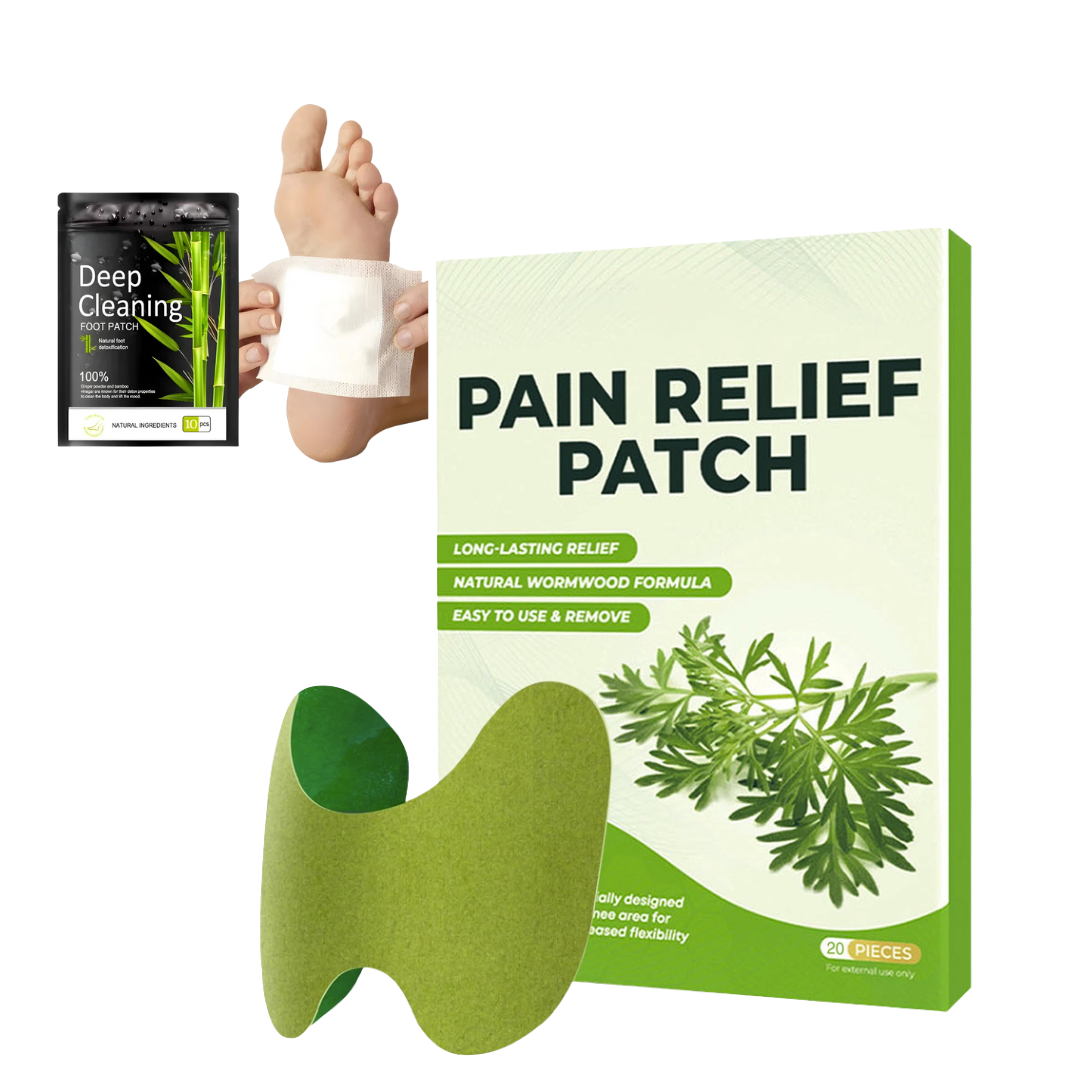 Fitlybuy natural herbal knee patches in a green box with wormwood formula, plus a foot patch and application example.