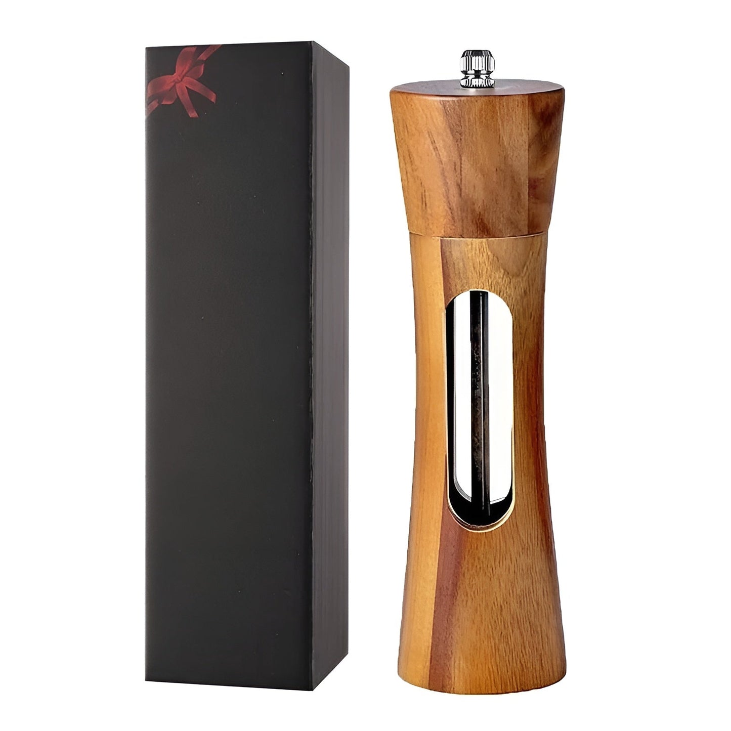Fitlybuy wooden manual salt and pepper mill with a clear viewing window, metal top knob, next to a black gift box.