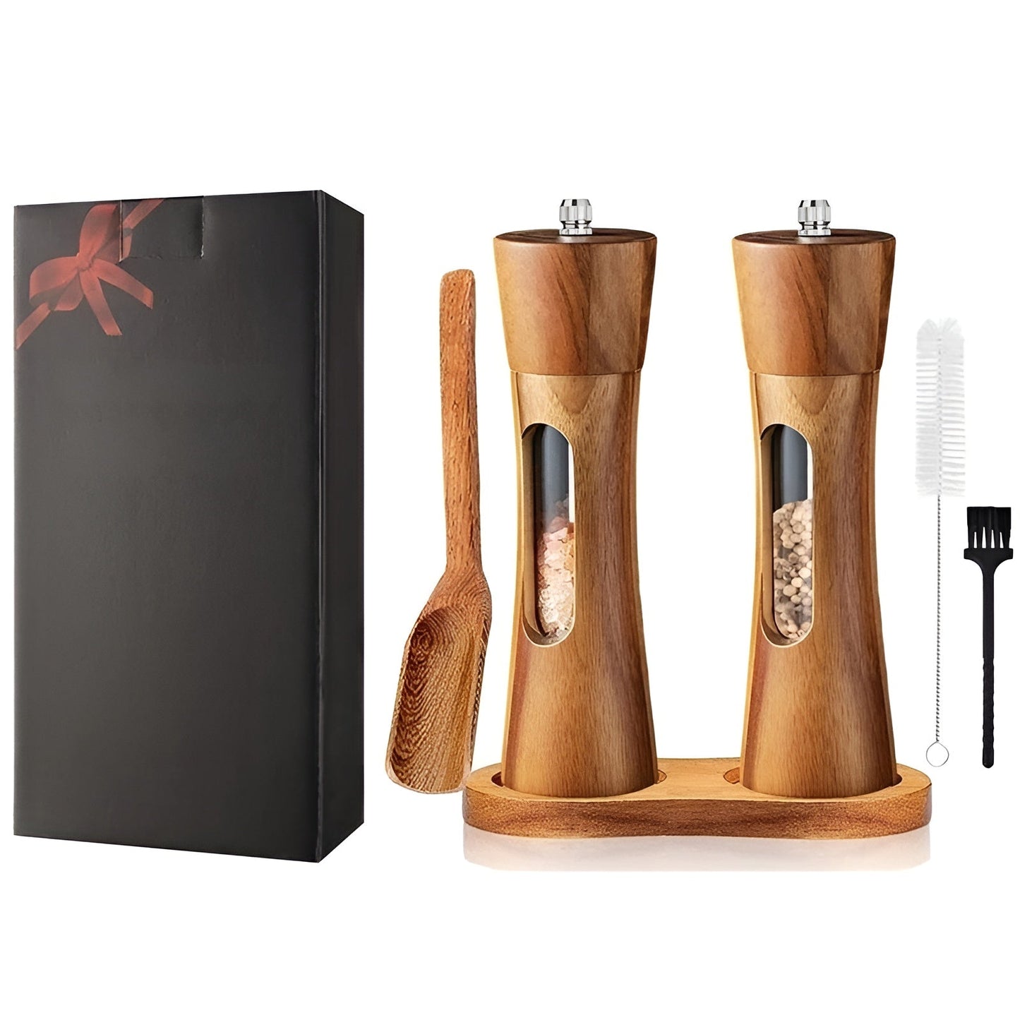Fitlybuy wooden salt and pepper mill set with adjustable grind, wooden scoop, stand, cleaning brush, and gift box.