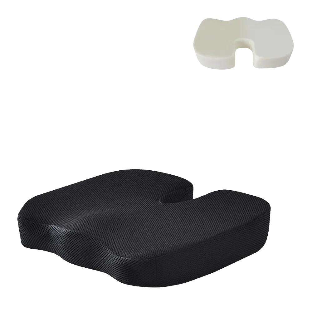 Fitlybuy ergonomic U-shaped black mesh orthopaedic seat cushion with an internal white memory foam insert.