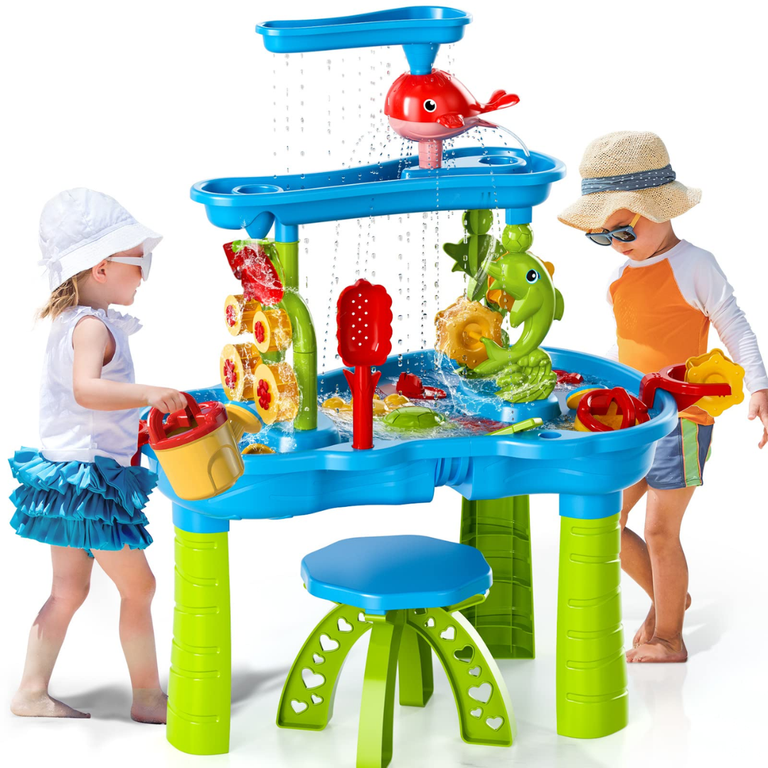Fitlybuy SplashTower 3-tier water table with SplashGuard, toy accessories, and kids playing on a white background.