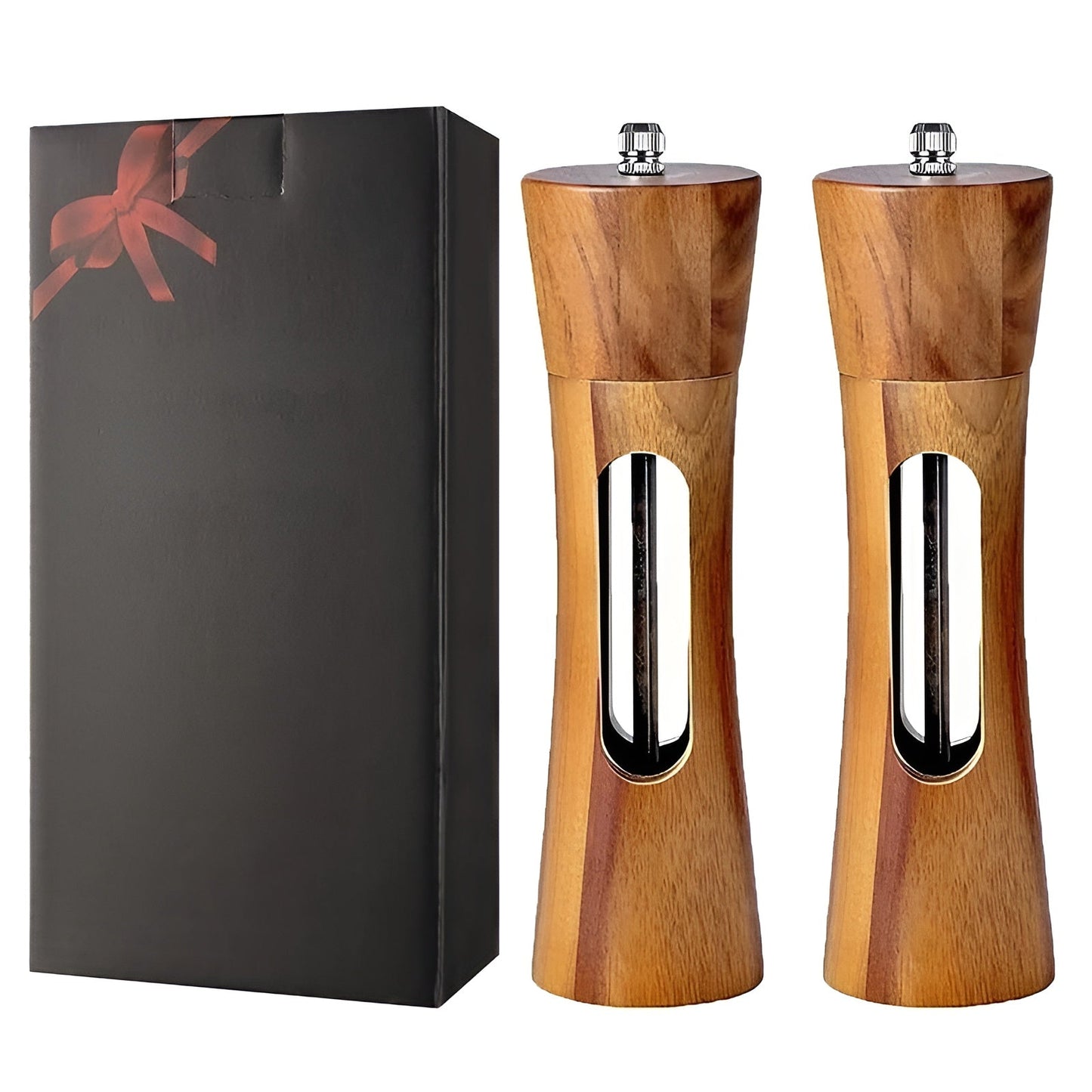 Two elegant wooden salt and pepper mills with clear view windows, presented in a black gift box.