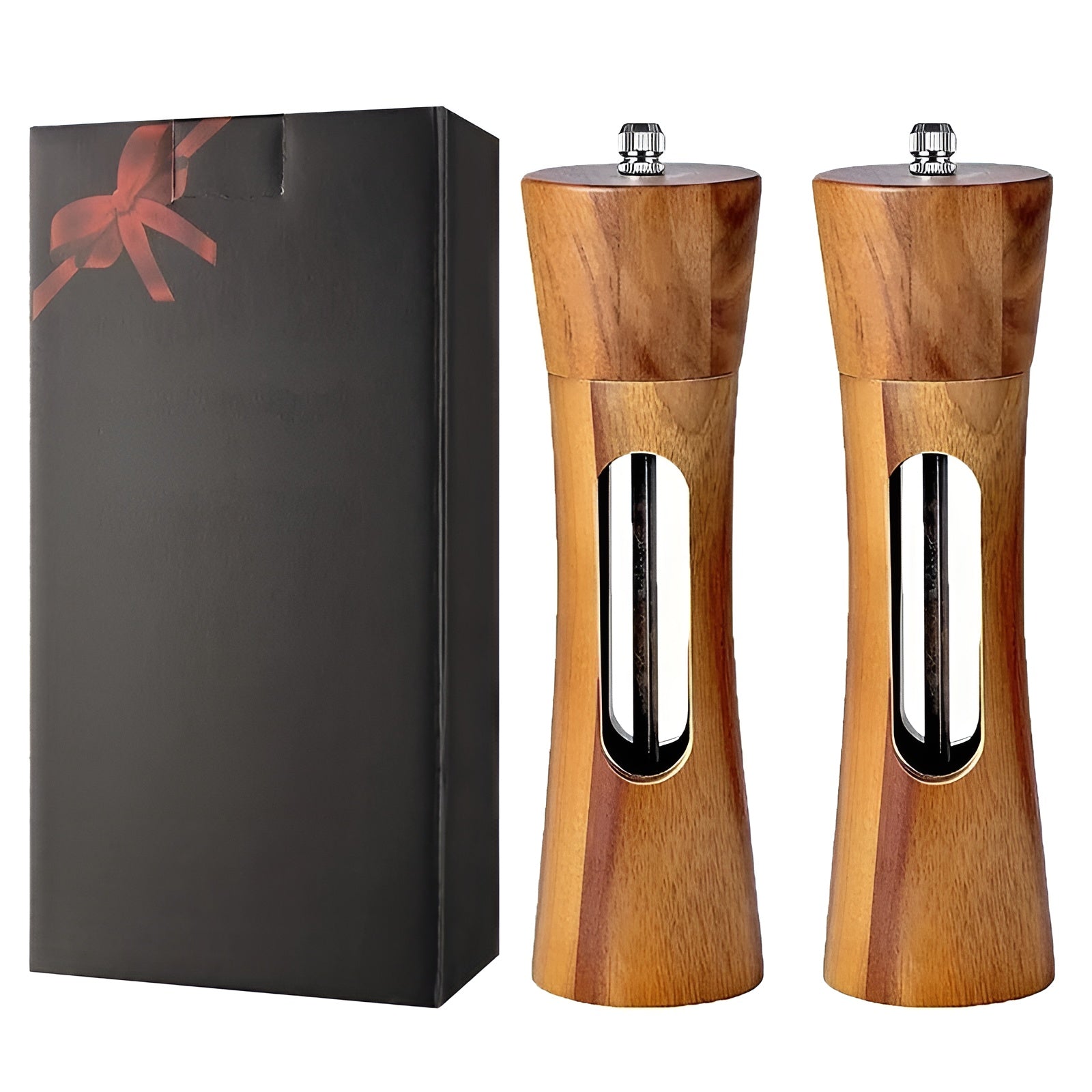 Two elegant wooden salt and pepper mills with clear view windows, presented in a black gift box.