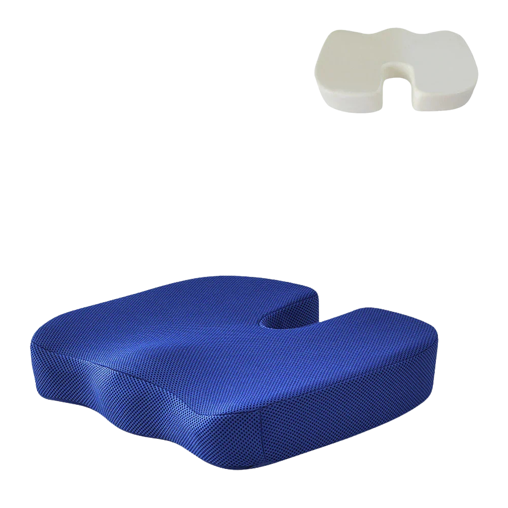 Fitlybuy ergonomic blue mesh seat cushion and white memory foam insert for orthopaedic support.