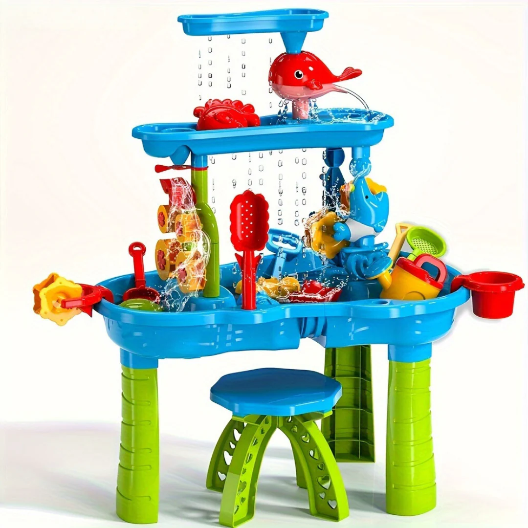 Fitlybuy 3-tier blue/green sand and water table with SplashGuard design, waterfall features, and included stool.