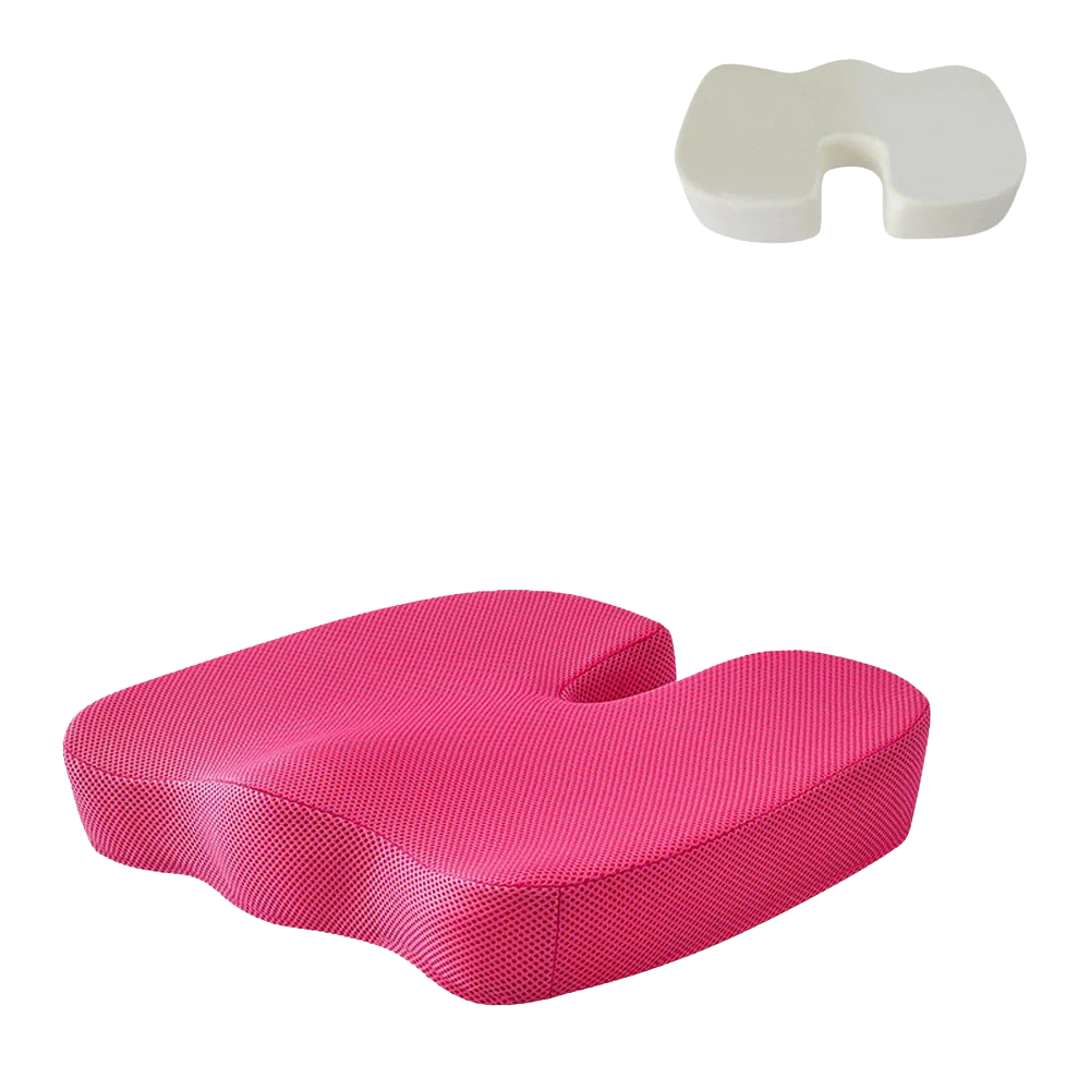 Fitlybuy pink, U-shaped orthopedic seat cushion with foam core, showing both fabric cover and internal structure.
