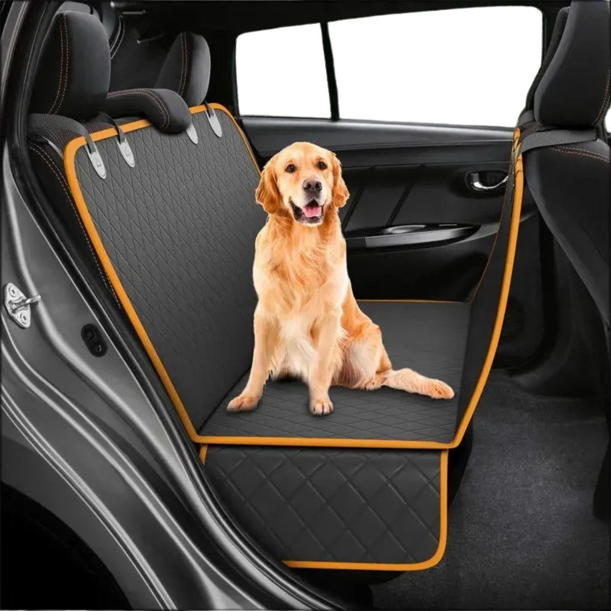 Golden retriever sits on a quilted, waterproof black and orange car seat protector installed in a car backseat.