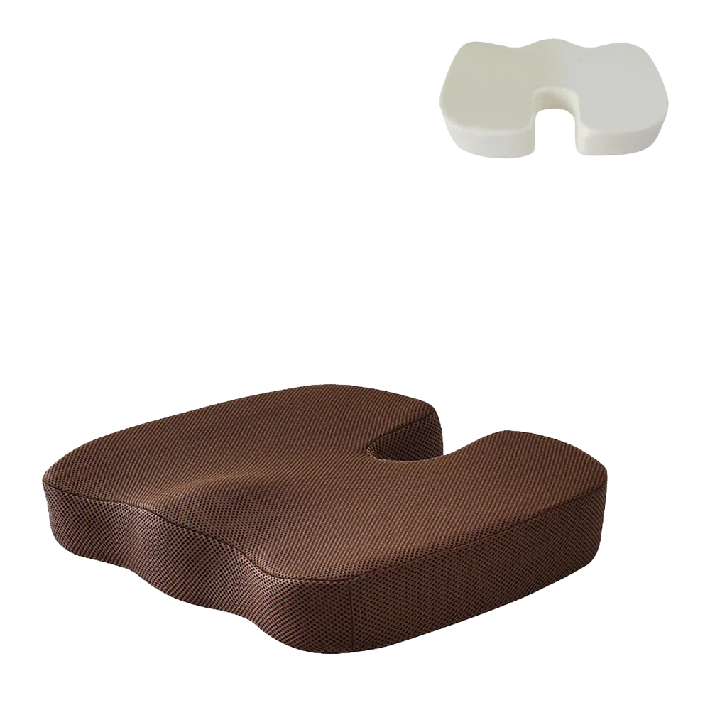 Brown ergonomic Fitlybuy orthopaedic seat cushion with U-shaped cutout, featuring a mesh cover and interior foam core.
