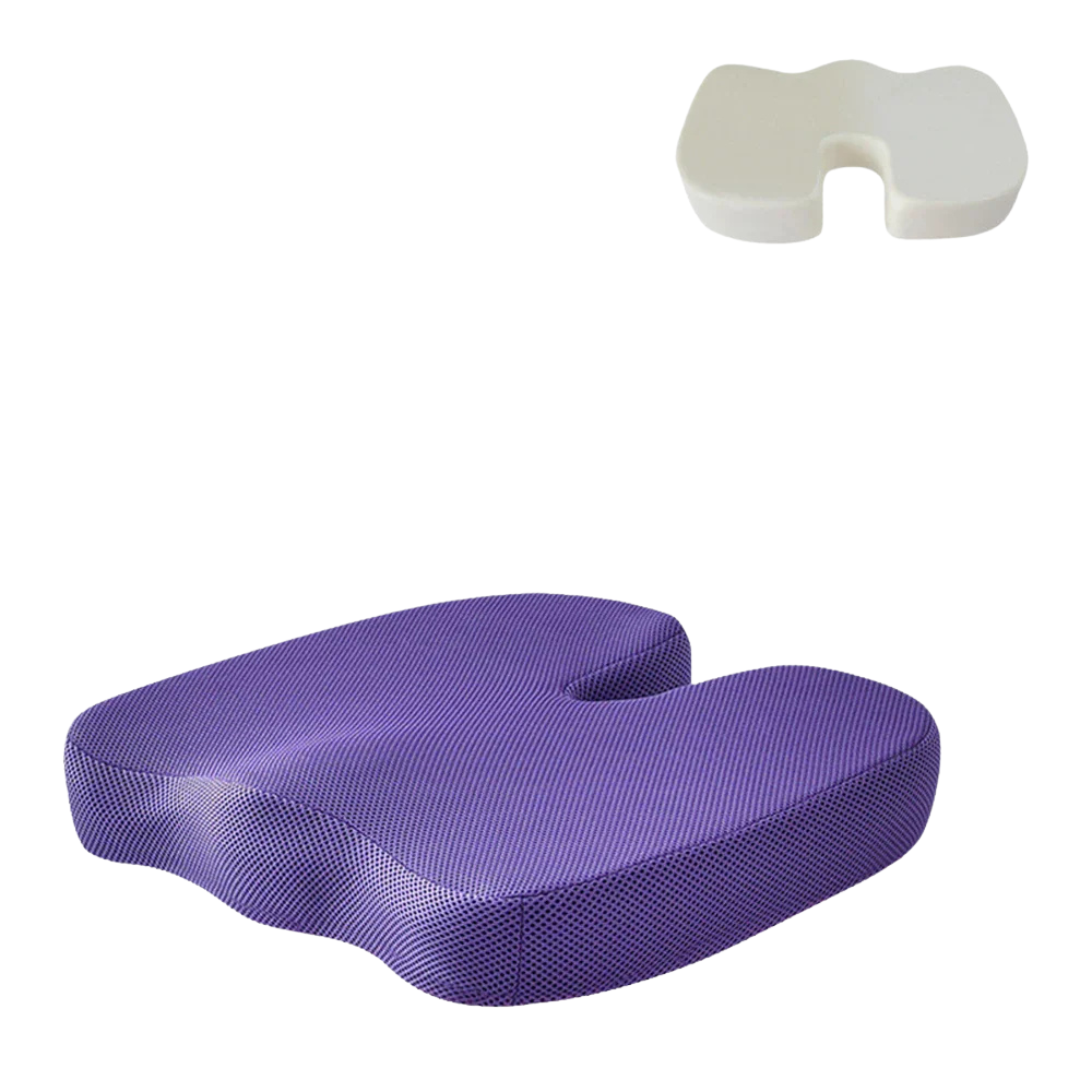 Fitlybuy orthopaedic seat cushion with ergonomic U-shaped design, featuring purple mesh cover and inner memory foam.
