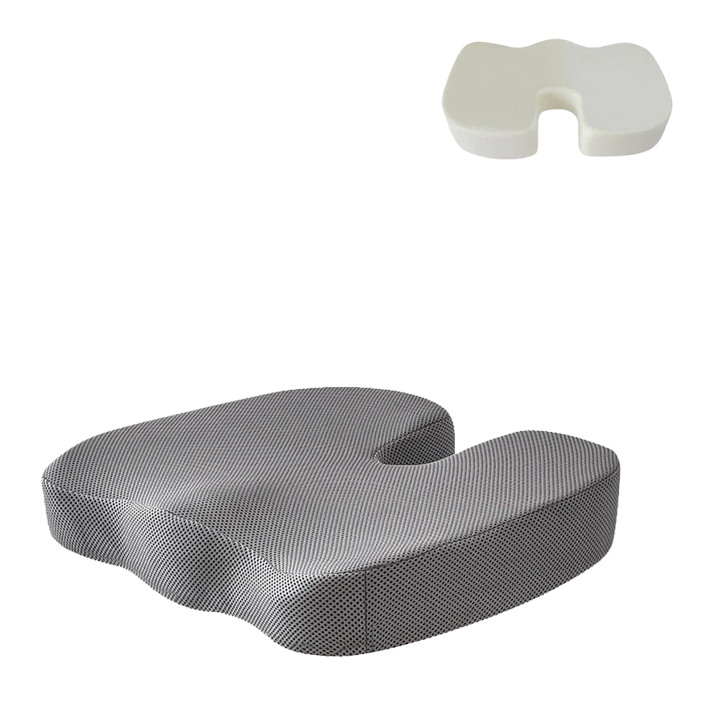 Fitlybuy ergonomic grey mesh orthopedic seat cushion with U-shaped cutout, shown with internal foam core above.
