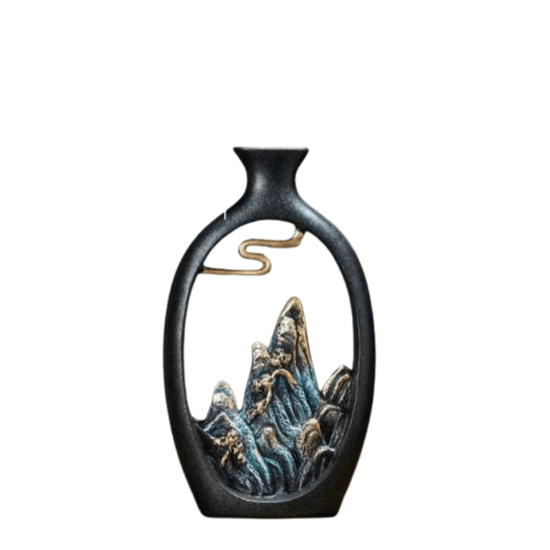 Fitlybuy TranquilPeak black ceramic vase with open-frame design, featuring a 3D blue and gold mountain landscape.