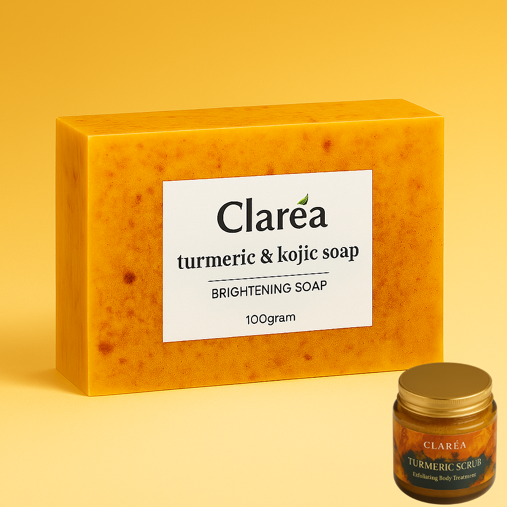 Fitlybuy yellow turmeric and kojic acid brightening soap bar and matching jar of exfoliating body scrub on yellow.