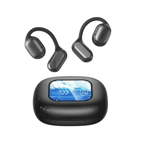 Black Fitlybuy SmartSpeak AI translation earbuds with hooks and a charging case featuring a digital screen.
