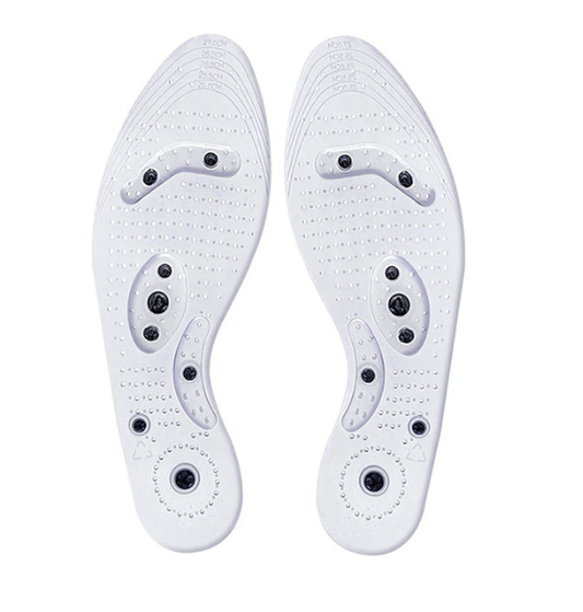 Fitlybuy white magnetic reflex acupressure insoles with ventilation holes and size guide markings on a plain background.