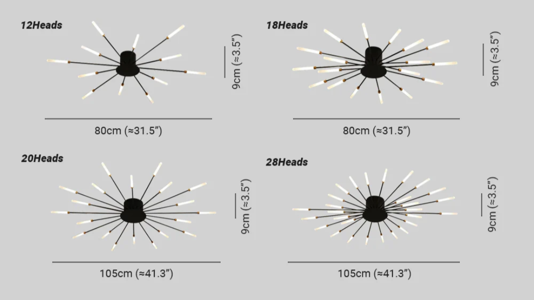 Fitlybuy modern LED ceiling light with 12, 18, 20, or 28 light heads, showing dimensions and starburst design.
