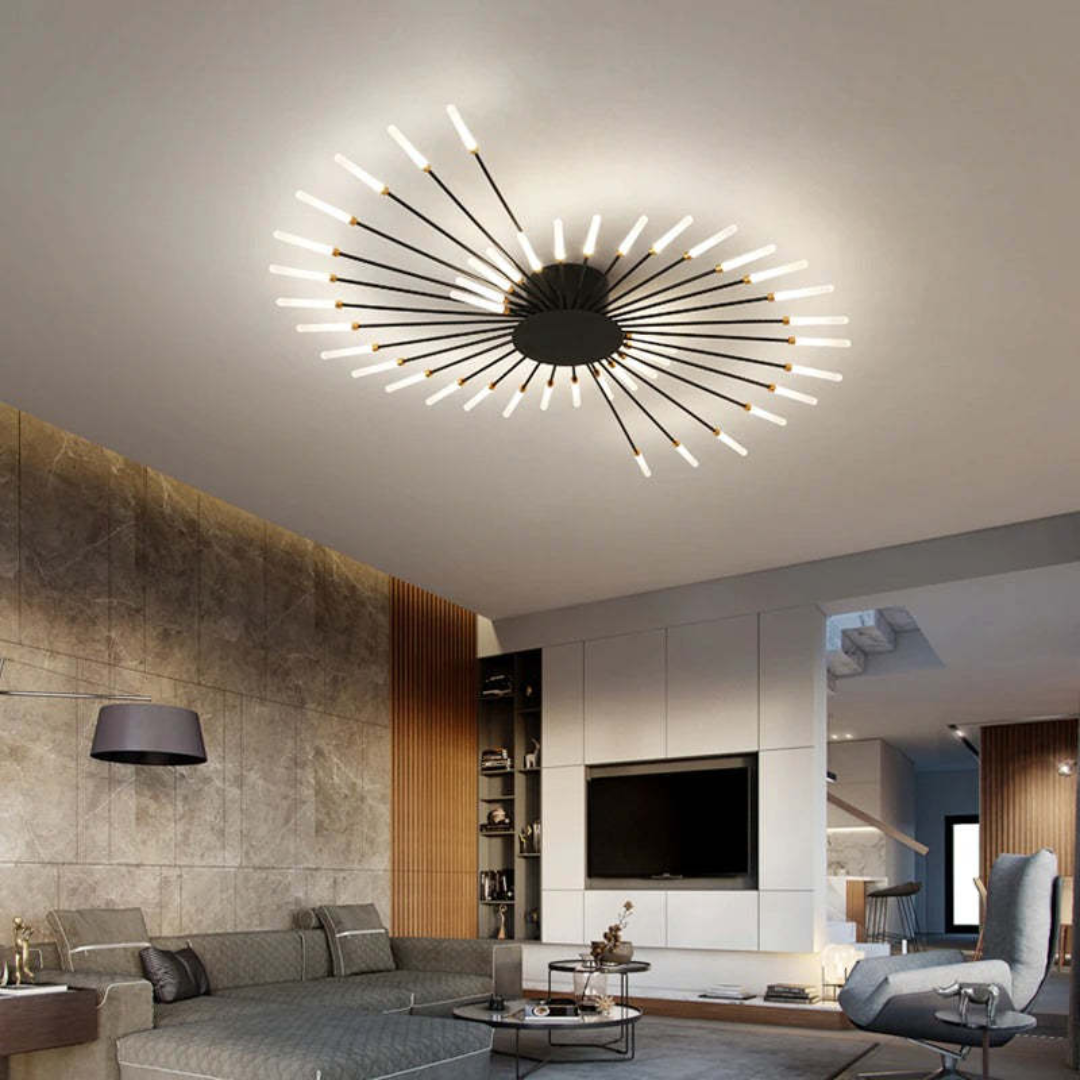Fitlybuy modern black sunburst LED ceiling light with glowing stems, illuminating a contemporary luxury living room.