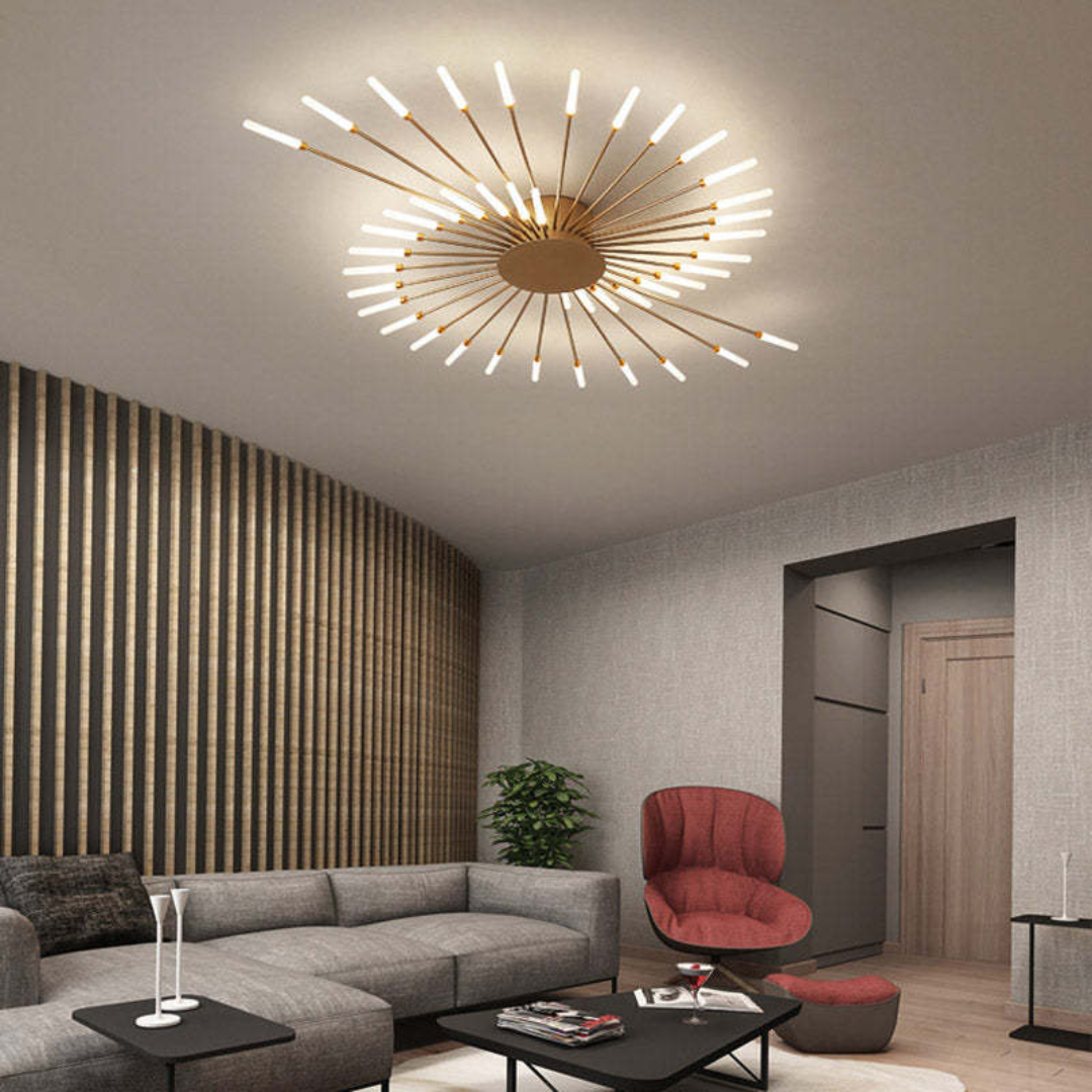 Fitlybuy modern gold LED ceiling light with radial, energy-efficient light arms mounted in a stylish living room.