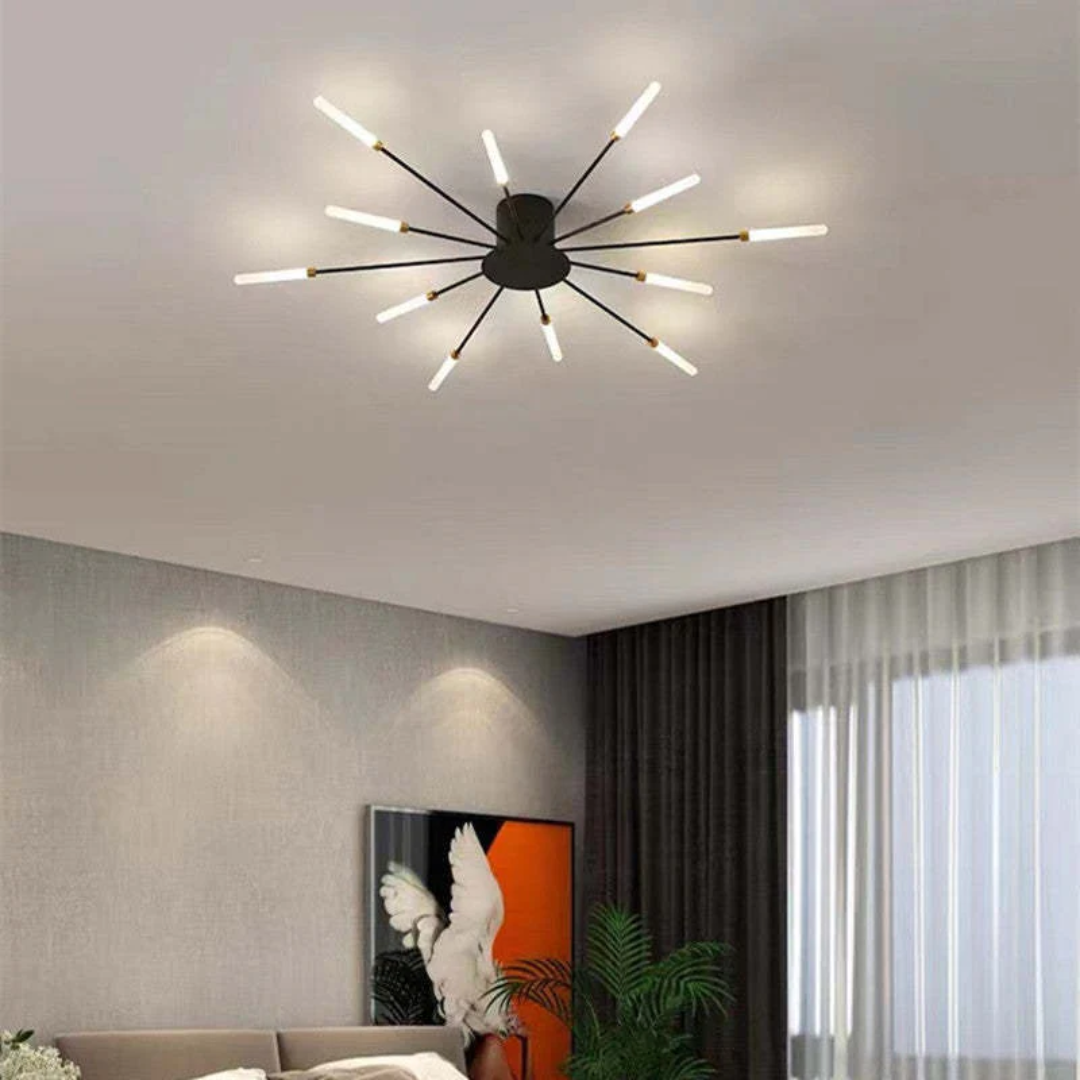 Fitlybuy modern starburst ceiling light with black arms and glowing LED tips, installed in a stylish living room.
